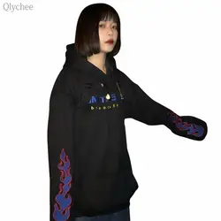Qlychee письмо пламя вышивка свитер с капюшоном Женский длинным рукавом карман толстовки демисезонный повседневное свободные для женщин