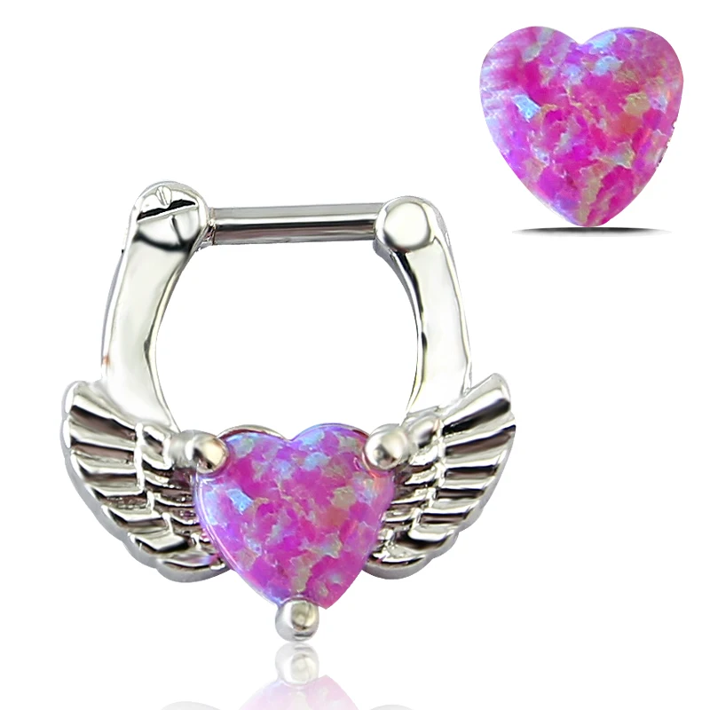 

1pc Stainless Steel Pink Heart Opal Real Pieced Nose Stud Septum Clicker Rings Piercing Angel Wing Copper Body Jewelry Supplier