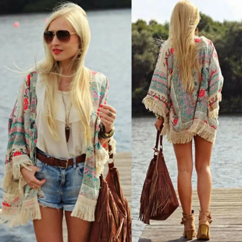 

2019 New Women Ladies Summer Beachwear Cover up Retro Boho Floral Lace Cardigan Tassel Hippie Kimono Top Blouse Beachwear Pareo