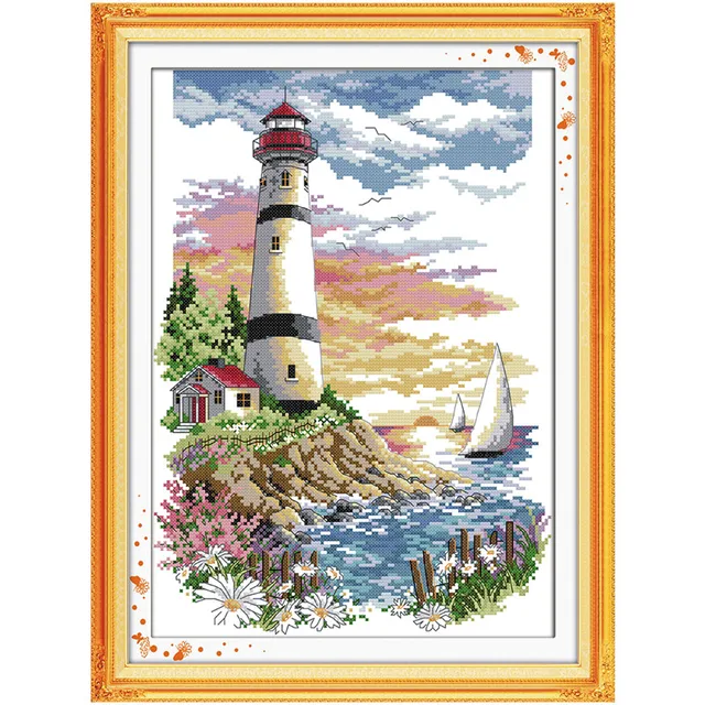 The Seaside Lighthouse Paintings Counted Printed On Canvas 14CT 11CT DMS Cross Stitch Pattern Embroider kits DIY Needlework Sets 4