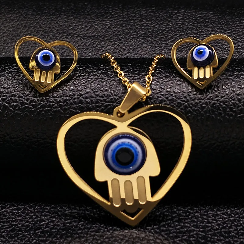 

2019 Hamsa Hand Stainless Steel Jewelry Sets Blue Evil Eyes Pendant Necklace Earrings Dubai Gold Set Jewelry ojo turco