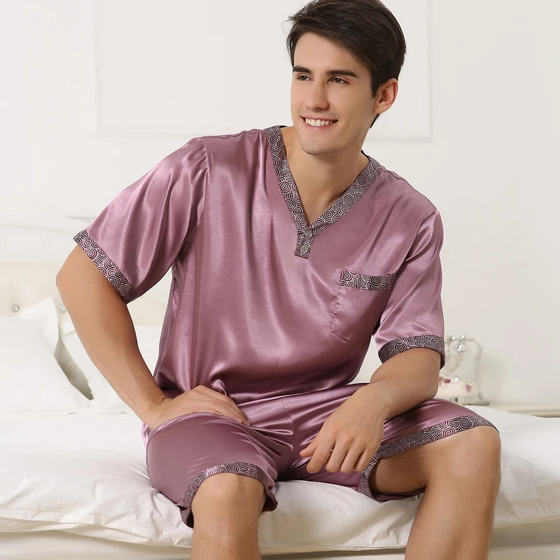 Sexy Faux Silk Men Pajamas Fashion V-neck Ice Silk Sleepwear Male  Short-sleeve Pyjama Shorts Sets Two-pieces Plus 4xl 2509 - Pajama Sets -  AliExpress