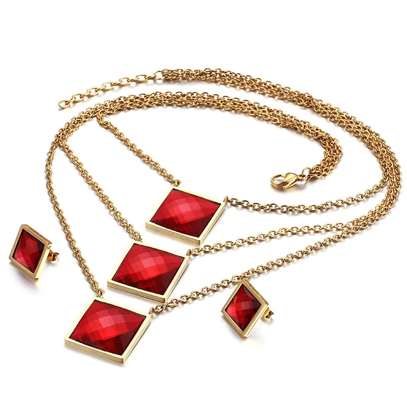 Gold Red Модная женская простая серебряная Золотая нержавеющая сталь квадратное стекло синий черный белый красный кристалл джокер ожерелье серьги Ювелирные наборы - Окраска металла: Gold Red