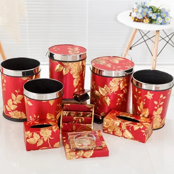 

Red New Leather Satin Wallpaper Home Fashion Creative Trash Can Kitchen Bathroom Waste Bins Pedal Waste Paper Basket