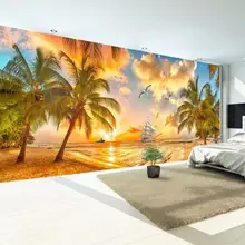 Большой пользовательский Настенное Панно нетканые обои пляж Закат кокосовое дерево природа пейзаж фото фон обои для гостиной