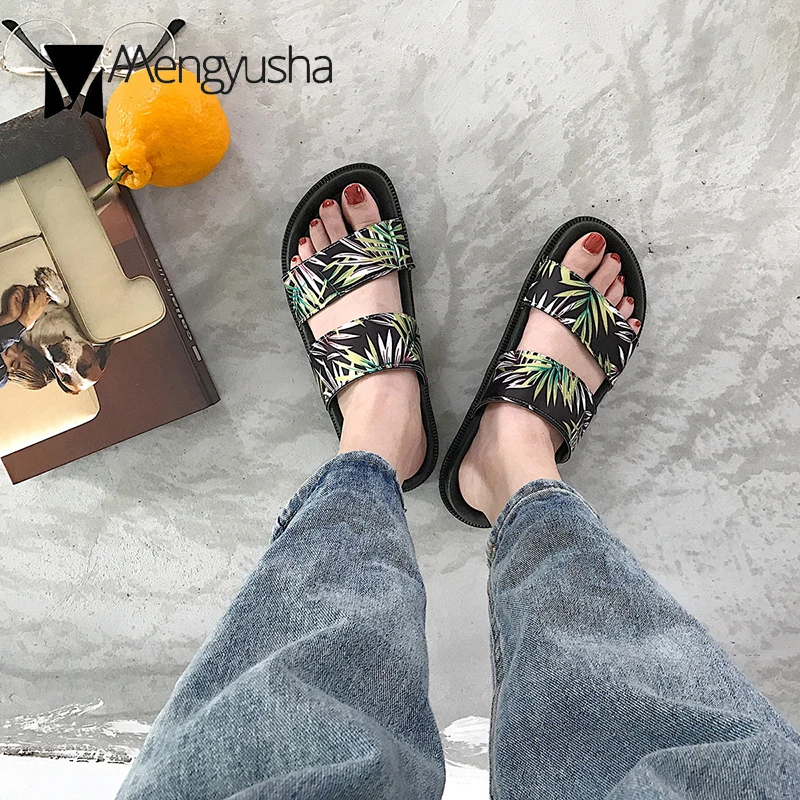 

Leaves prints platform slippers girls korean style double band wedges sandals women open toe muffin slides beach flip flops 2018