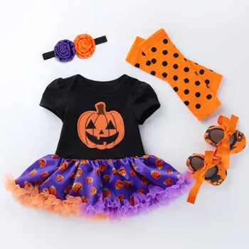 

Novelty Cosplay Halloween Toddler Baby Pumpkin Print Short Sleeve Romper Jumpsuits Tops+Headbands+Leggings+Shoes Baby Costumes