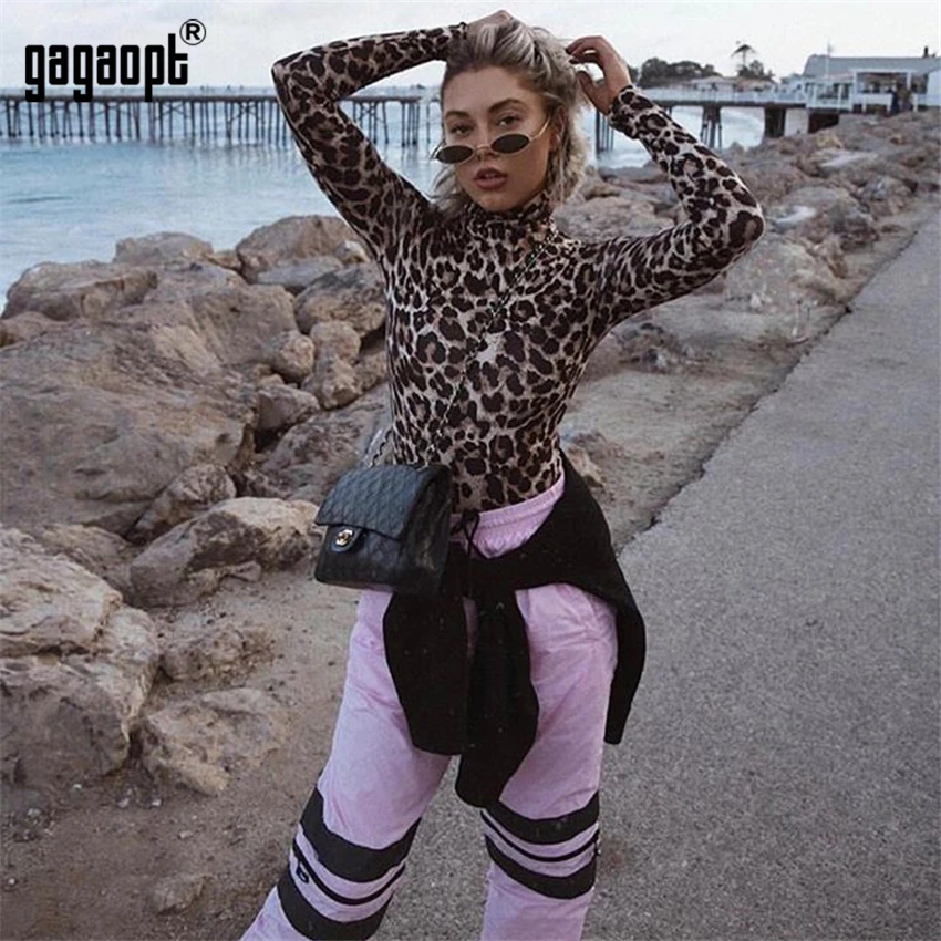 Gagaopt 2018 ليوبارد مثير Bodysuit للنساء السيدات طويلة الأكمام Bodysuit Bodycon نحيل Playsuit رومبير بذلة