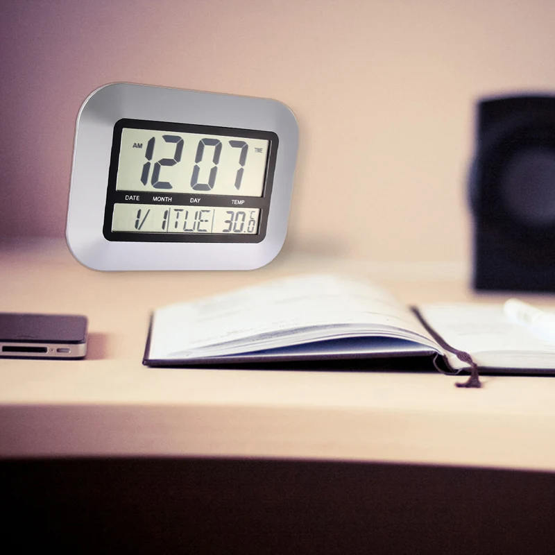 Домашний декор будильники дисплей температуры Серебряный стол Спальня кухонный стол цифровые большие настенные часы Поддержка 4 языков