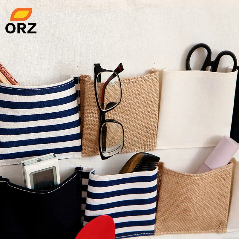 13 جيب الجدار سلة غسيل معلقة حقيبة مخطط الكتان متعددة طبقة حامل العملي حقيبة التخزين رف مخزن للمكياج مربع سلة