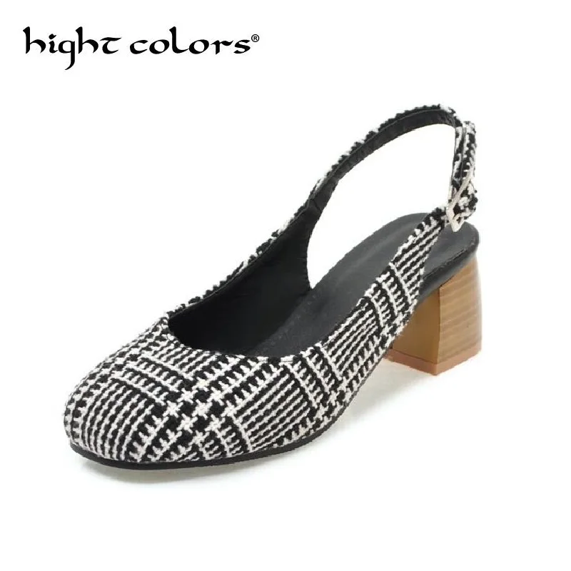 

2018 New Thick High Heels Summer Sandals Women British Retro Style Plaid Footwear Ankle Strap Ladies Office Shoes Big Size 43