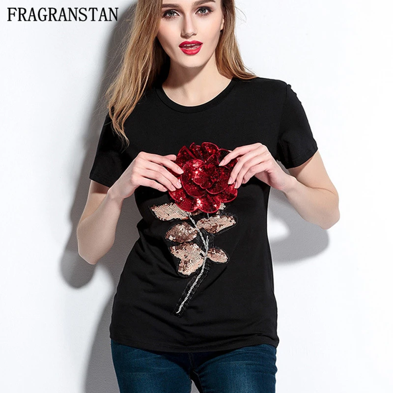 Новые благородные элегантные роза блестками Футболка девушку хлопок плюс Размеры летние топы женские Высокое качество короткий рукав круглым вырезом LY319