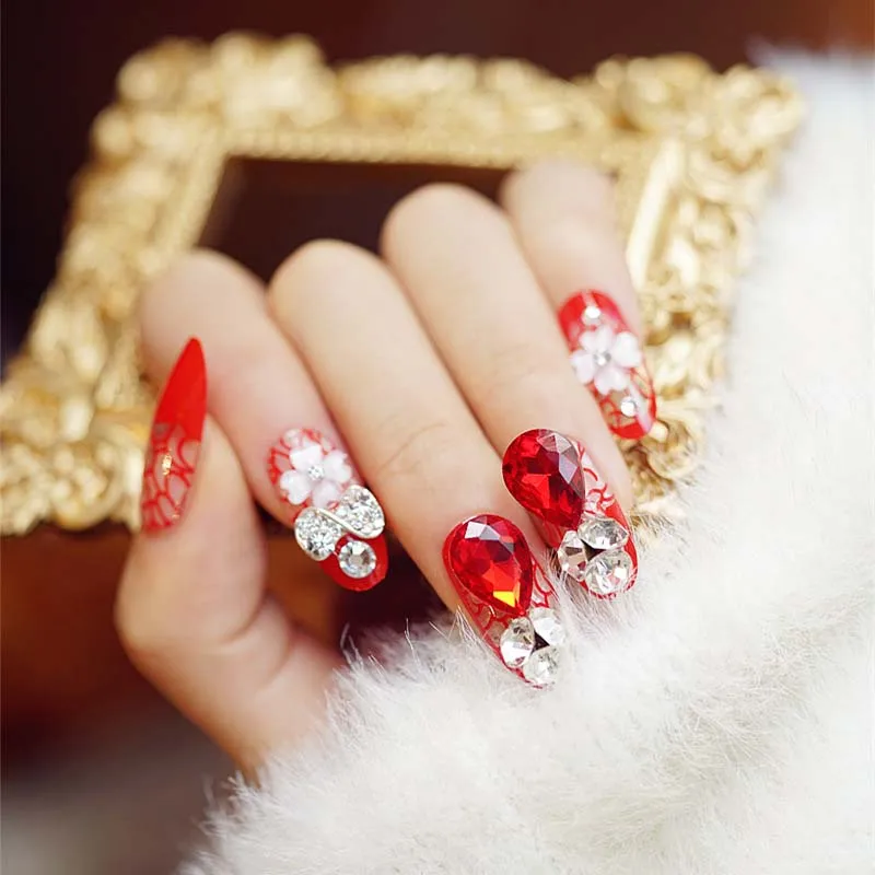 Gorgeous Wedding Nail Tips For Bride 24pcs Shiny Red false nails 3D Big Rhinestone Crystal Press On Long fake Artificial Nail