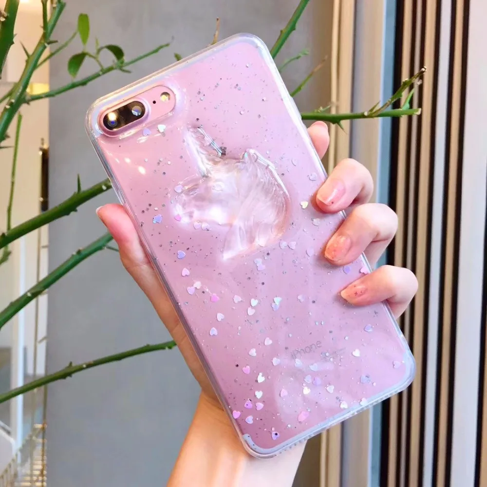 

Transparent TPU glitter phone case for iphone 6 6s 7 8 plus crystal clear cute unicon soft silicone back cover for iphone x