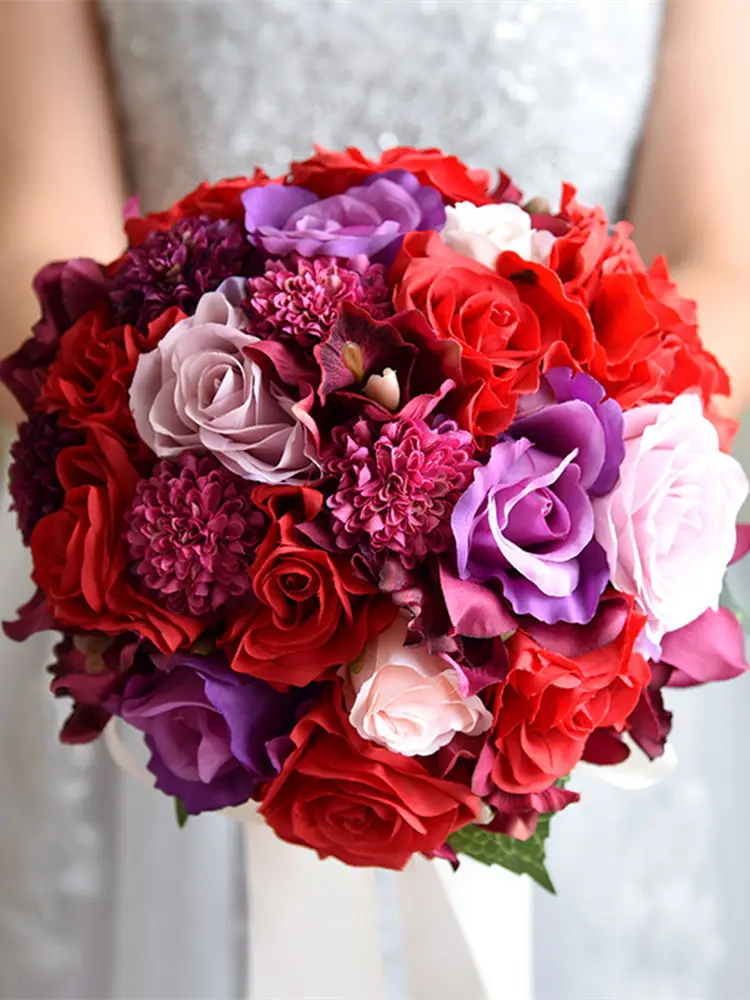 H& S свадебные красные и фиолетовые Свадебные цветы с лентой свадебный букет для невесты Искусственный Свадебный букет из роз подарок - Цвет: as the picture
