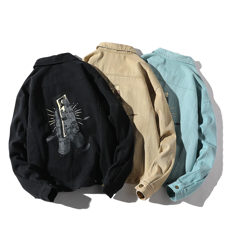 2018 New Denim Jacket Men Streetwear Turn Down Collar Jacket Casual Print Long Sleeve Coat Hip Hop Men Jackets