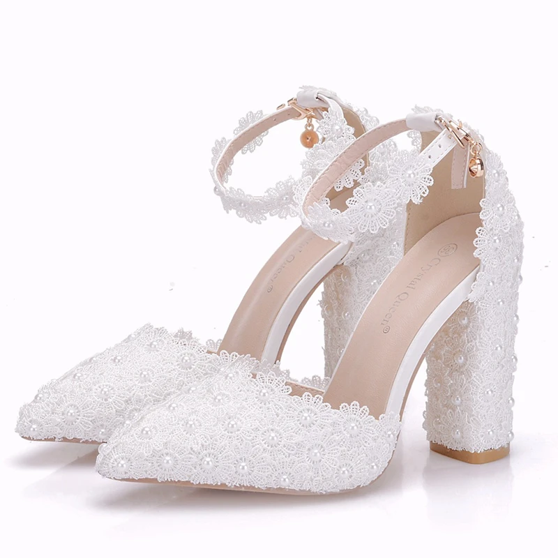 

New Arrivers Shoes Wedding Bridal Square High Heel White Pointed Toe Crystal Bride Bridesmaid Ladies Prom Sandals XY-A0236