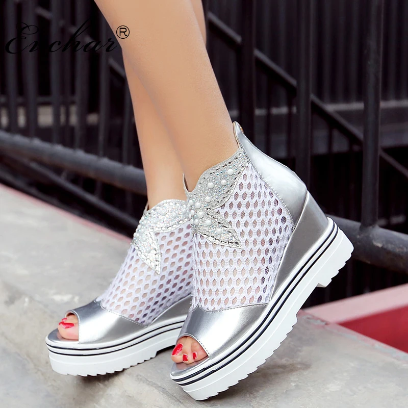 

EVCHAR new women Sandals Summer leisure peep Toe mesh Platform High Heels Wedge thick bottom Sandals fish mouth Shoes 34-43