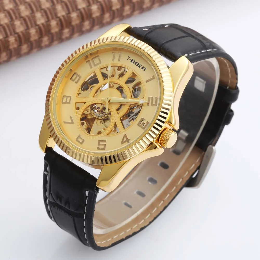 

Gold Mechanical Watch Men's Skeleton wristwatch Man watches Leather Relogio Masculino Luxury Fashion Casual Wrist Watches