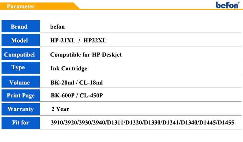 befon 21 22 XL Ink Cartridge Replacement for HP 21 22 HP21 HP22 21XL 22XL Deskjet F2235 2180 2280 F370 Printer toner cartridge