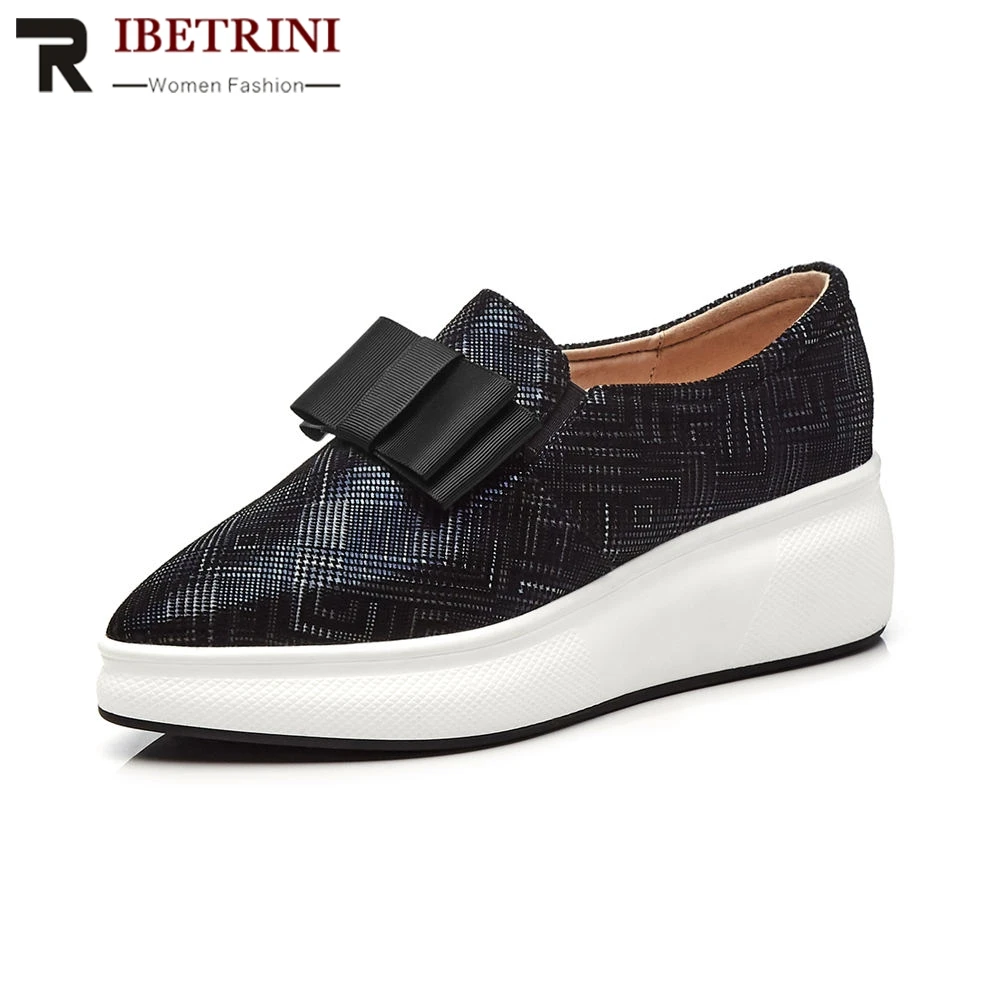 

RIBETRINI Brand High Quality Kid Suede Leather Women Flat Platform Shoes Leisure Slip On Loafers Pointed Toe Shoes Woman Flats