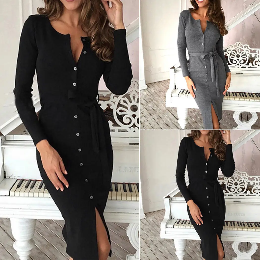 

S-XL Women Bandage Two Colors Solid Casual Long Sleeve V-Neck Evening Party Club Mini Dress