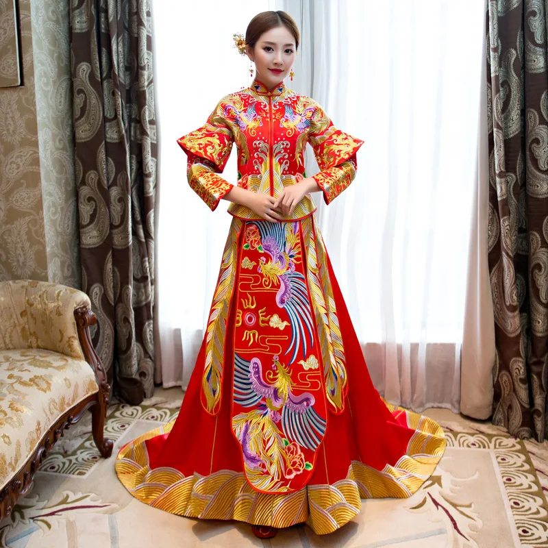 

Exquisite Embroidery Chinese Women Trailing Dress Phoenix Traditional Bride Wedding Qipao Vintage Slim Cheongsam Marriage Set