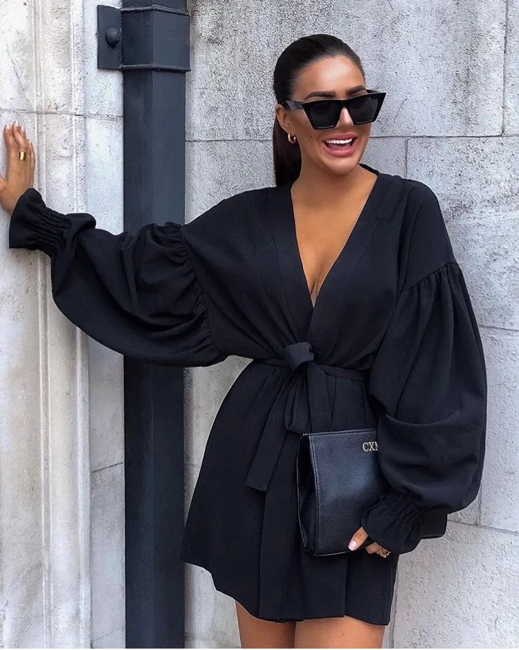 dress women  elegant dress  midi dress  summer dress  bandage dress  long sleeve dress  Lantern Sleeve  V-Neck  Above Knee,Mini