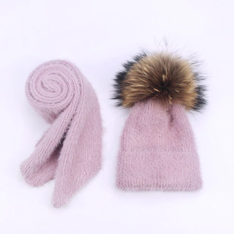 Комплект из 2 предметов, детская зимняя шапка, шарф для девочек и мальчиков, шапка с меховым помпоном, детская шапка, вязаная зимняя шапка Skullies - Цвет: E