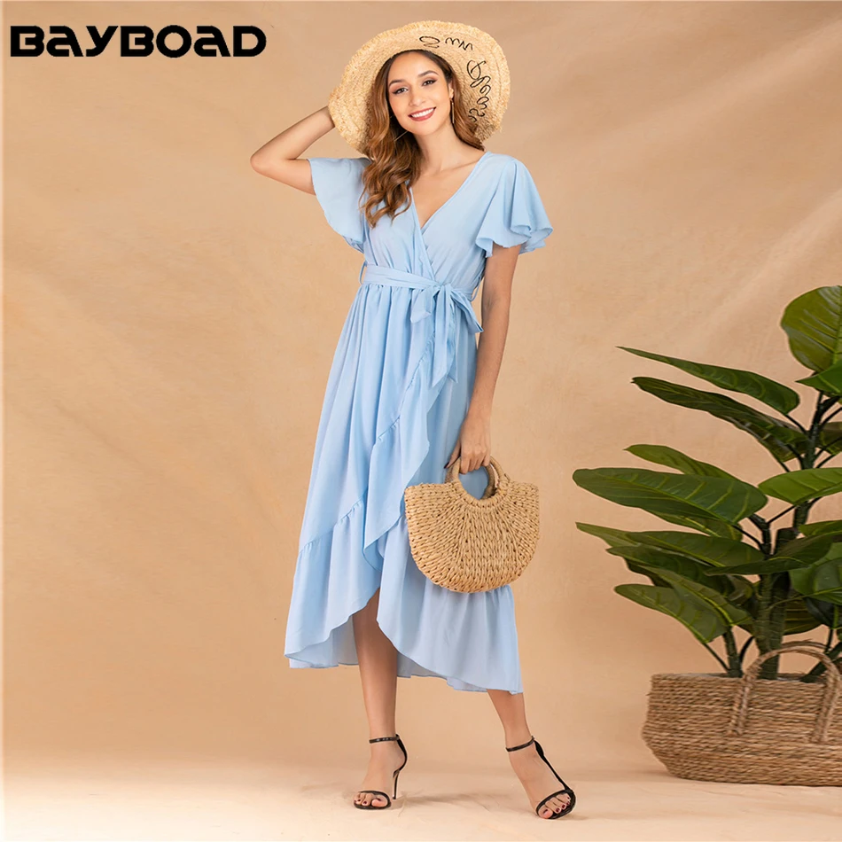 

Bayboad Summer Hot Sale V-neck Light Blue Short Sleeve Party Holiday Sexy Cute Casual Chiffon Long Wrap Midi Dress for Women