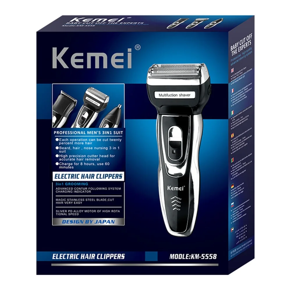 Kemei 3in1 충전식 포일 전기 면도기 수염 트리머 남성용 전기 면도기 면도기 얼굴 트리머 코 트리머