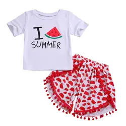 Новая одежда для маленькой девочки 2 шт./компл. летний детский комплект для маленьких девочек Повседневное с буквенным принтом короткий