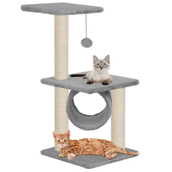 

Cat Tree with Sisal Scratching Posts 65 cm Grey Cat Climbeer Frame 3 Floors With a Hanging Ball Toy Entertain Relax Viewing