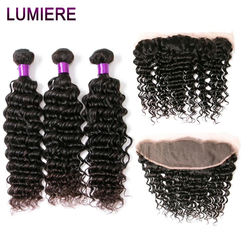 

Lumiere Hair Brazilian Deep Wave Bundles With 13*4 Frontal Three Bundles And Ear to Ear Lace Frontal Remy Natural Human Hair