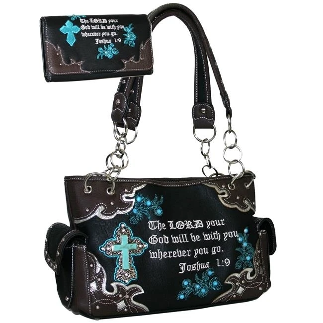 Gold Rush B500SET-BK Western Concealed Carry Bible Verse Handbag Wallet Set with Brown Trim - Black contrast trim glitter wallet