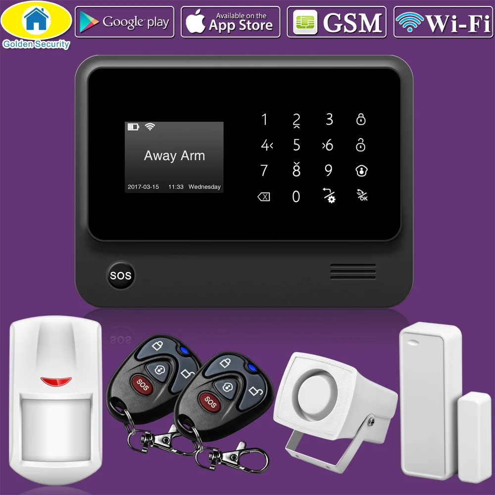 Золотая охранная G90B WiFi GSM домашняя сигнализация 2G Беспроводная охранная сигнализация SMS система сигнализации PIR сенсор 110dB сирены