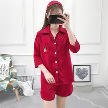 Лето модный, Шелковый, сатиновый Для женщин пижамы отложной воротник, в комплекте 2 вещи-комплект из двух предметов рубашка+ шорты Повседневное пижамные комплекты AD254