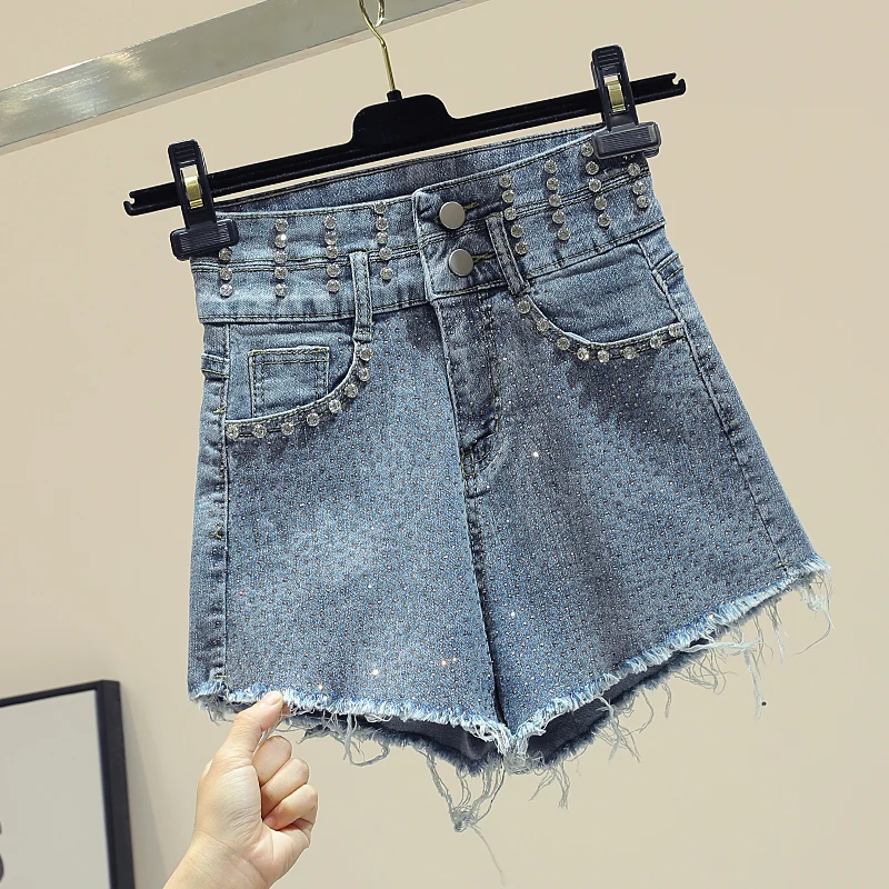 Высокая Талия Короткие шорты Новинки для женщин Шерсть-краями Diamond инкрустированные джинсовые шорты женские Рваные джинсы шорты