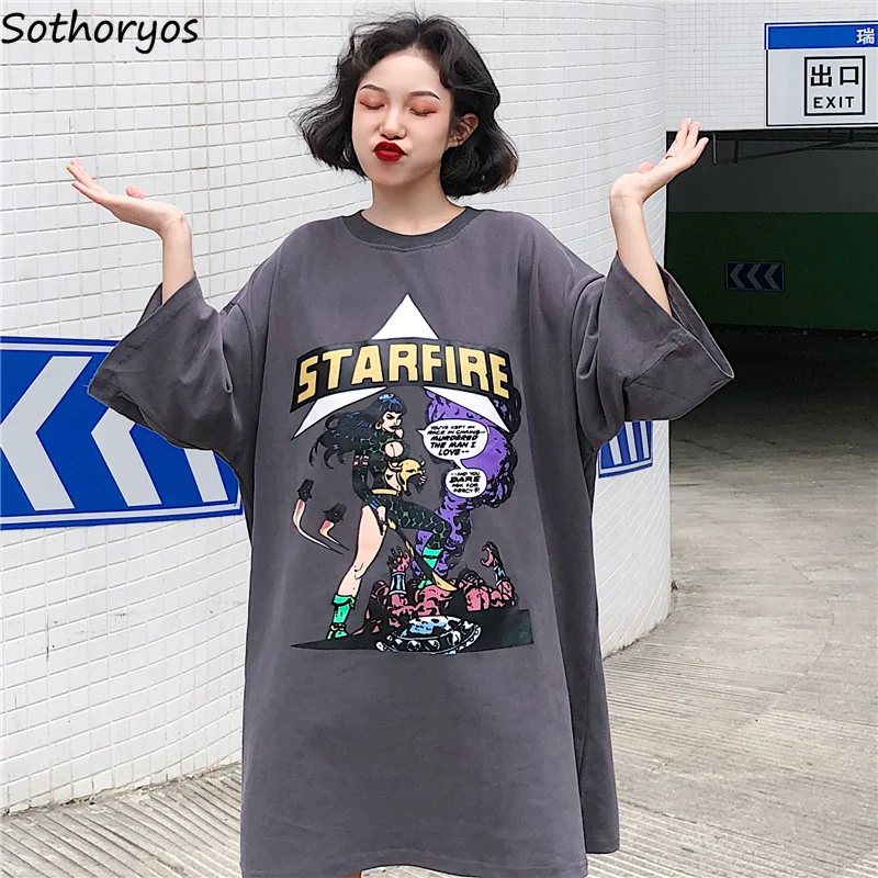 

T-shirts Women Star Fire Super Hero Printing European Style Loose Long T Shirt for Womens Streetwear BF Leisure High Quality