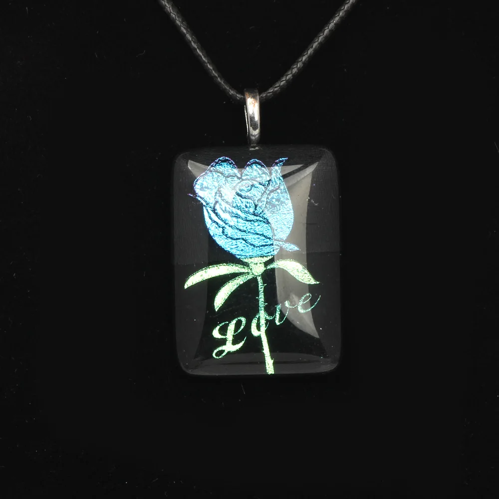 

OlingArt Colorful gold foil Sky blue tulip Jewelry Pendant Limited edition rectangle Lampwork Glass Pendant for Necklace NEW