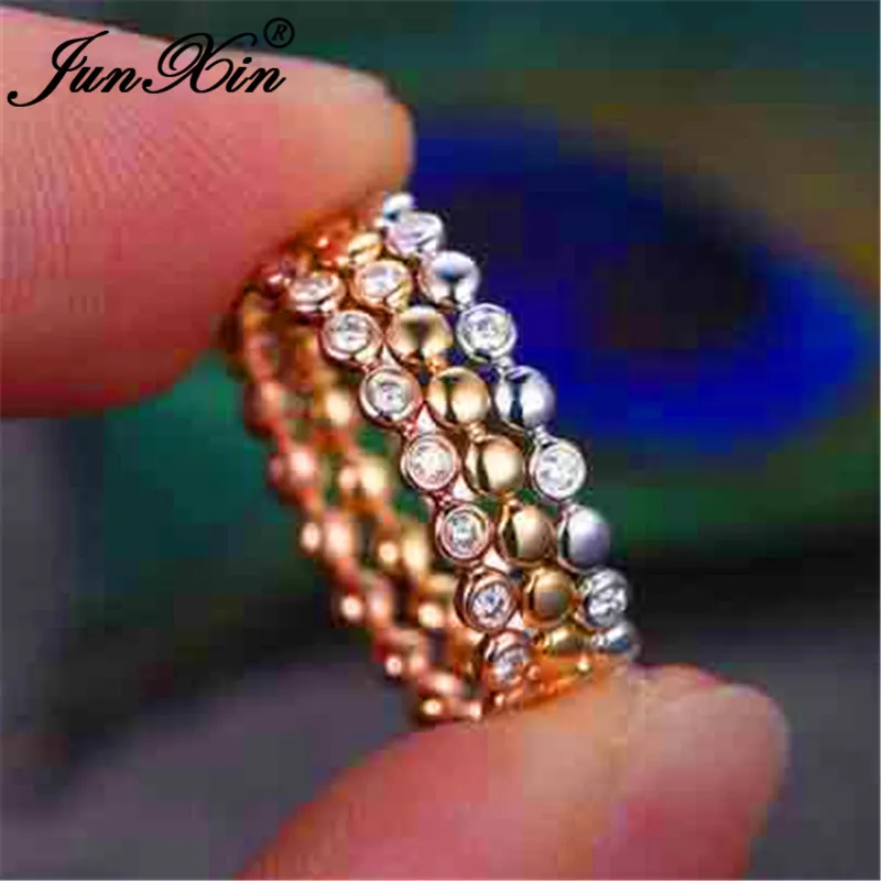 

JUNXIN Boho Female Crystal Stacking Thin Rings For Women 925 Silver Rose Gold Filled Minimalist Bridal Wedding Ring Set Jewelry