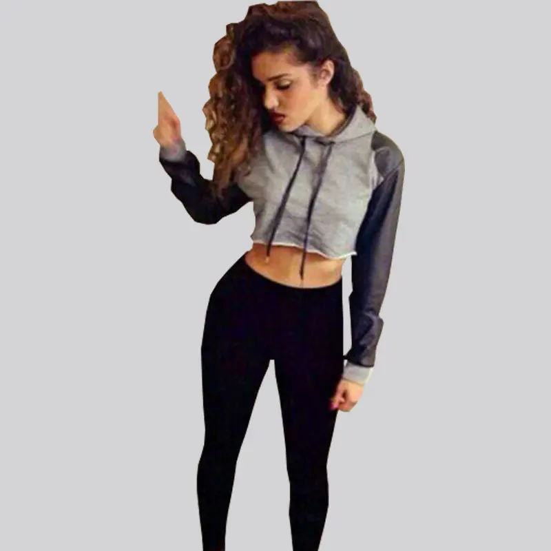 Casual Tracksuits Sports Suits Wear Women Long Sleeve PU Crop Top ... Casual Tracksuits Sports Suits Wear Women Long Sleeve PU Crop Top ...