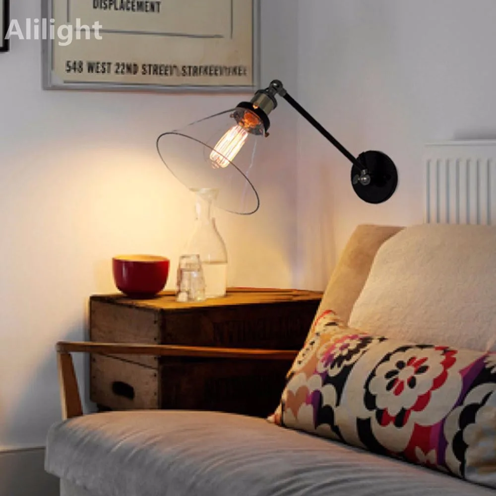 2Vintage-Industrial-Wall-Lamps-Loft-Swing-Arm-Wall-Sconce-Adjustable-Warehouse-Ambient-Lighting-Glass-Lampshade-E27