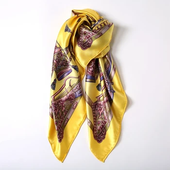 

100% Satin Silk Scarf Women Large Square Silk Scarfs Wrap Shawl Luxury Print Bandana Hijab Foulard Hand Rolled 2017 Autumn