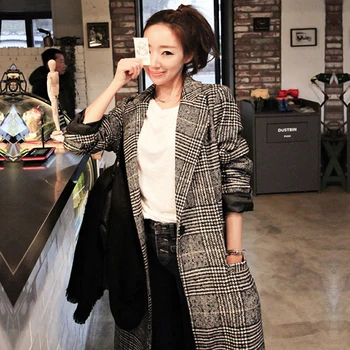 

Fashion Long Woolen Coat Women Female Autumn Winter Plaid Jacket 2018 Wool Blend Coat Outwear Woollen Coat Manteau Femme