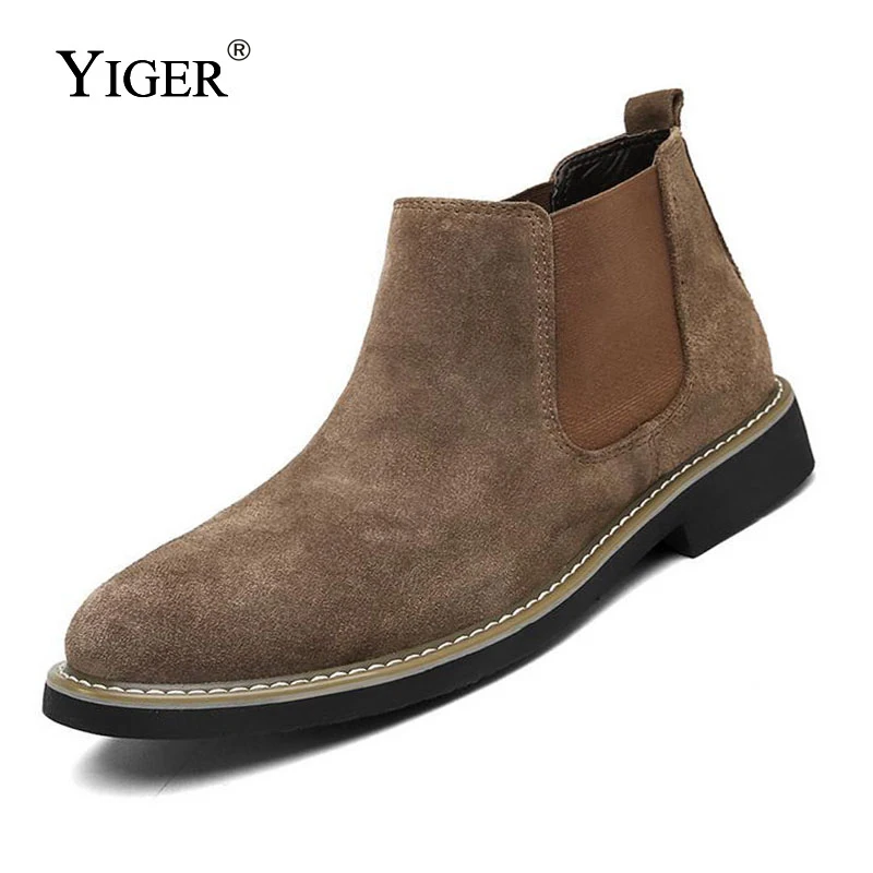 YIGER NEW Men Chelsea Boots Ankle Boots Fashion Men's Male Brand Leather Quality Slip Ons Motorcycle Man Warm 0013