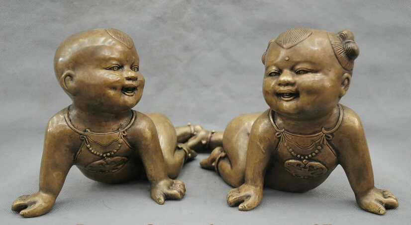

11'' Chinese Bronze Statue Lucky Boy girl Sculpture R0713 B0403