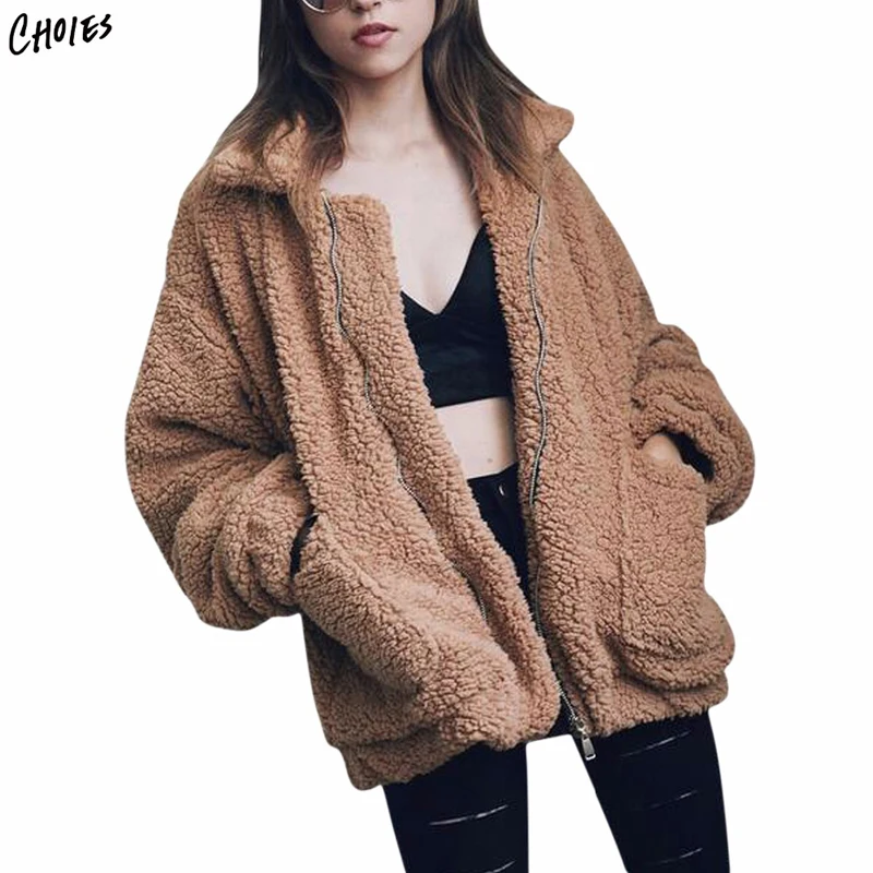 

4 Colors Lapel Faux Shearling Jacket Coat Plus Size Women 2017 Winter Long Sleeve Zipper Up Front Pockets Casual Warm Outwear