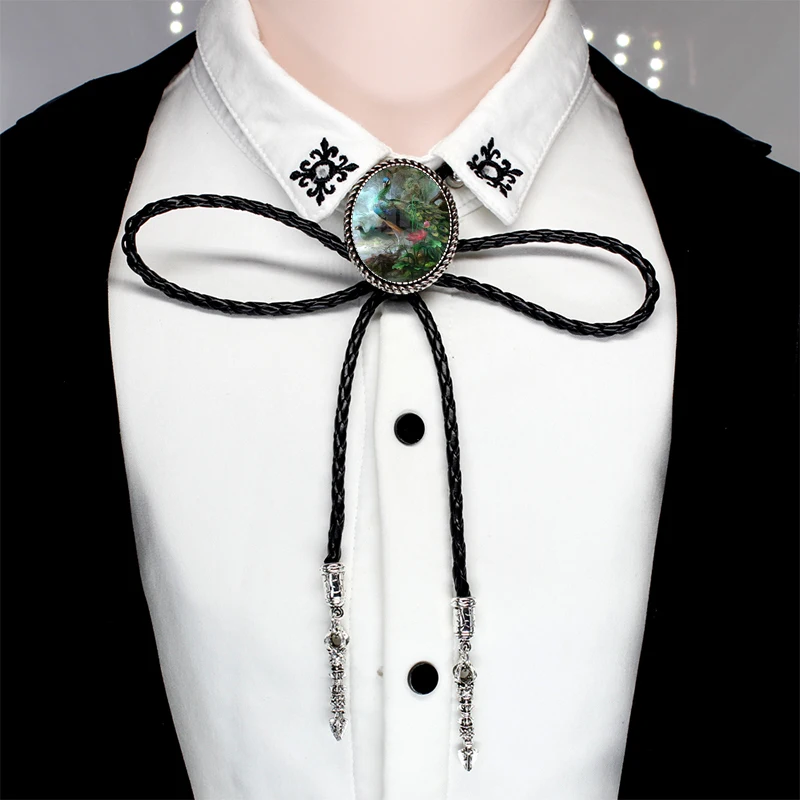 Bolo-003 модные красивые картины с изображением павлина стеклянный кабошон Боло галстук очаровательные павлин ювелирные изделия на шею Галстуки кожаная цепочка Ожерелье - Окраска металла: 5-2