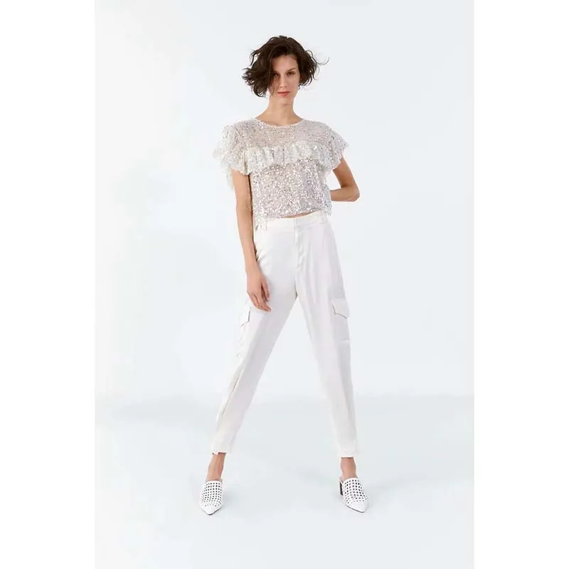

JXYSY 2019 Women blouse crop Sequin tops o-neck Sleeveless short England Style Butterfly Sleeve sexy chic Women blouse blusas